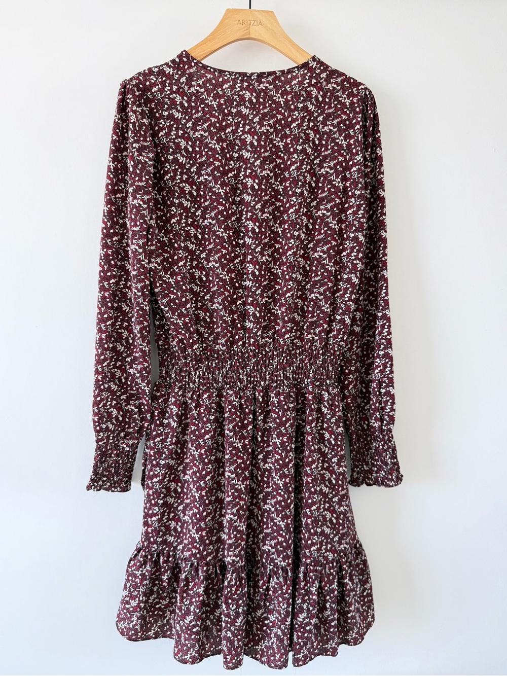 Michael Kors Floral Smocked Mini Dress Burgundy Long Sleeve V-Neck Size S - Picture 10 of 16